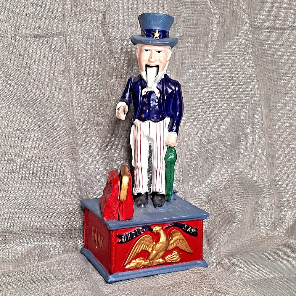 Uncle Sam Cast Iron Patriotic Mechanical Bank Decor 10.5" Vintage American Eagle
